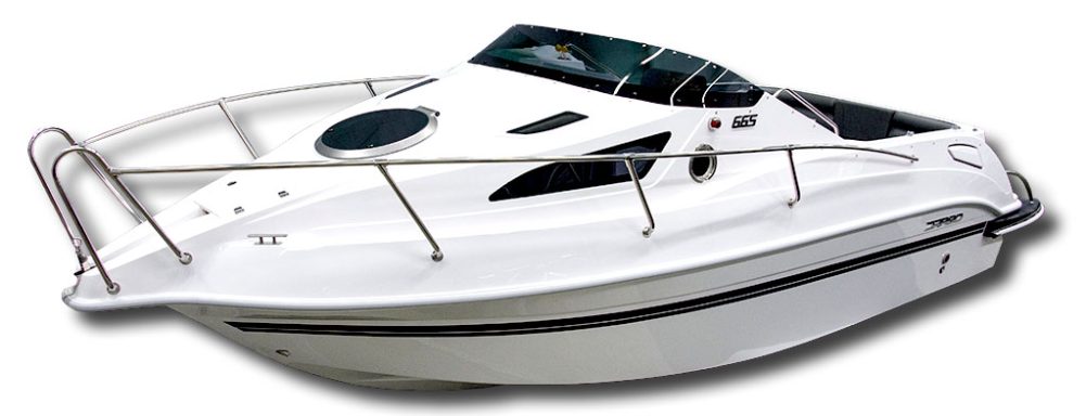 Weißes Motorboot mit schwarzen Akzenten und stylischer Form.